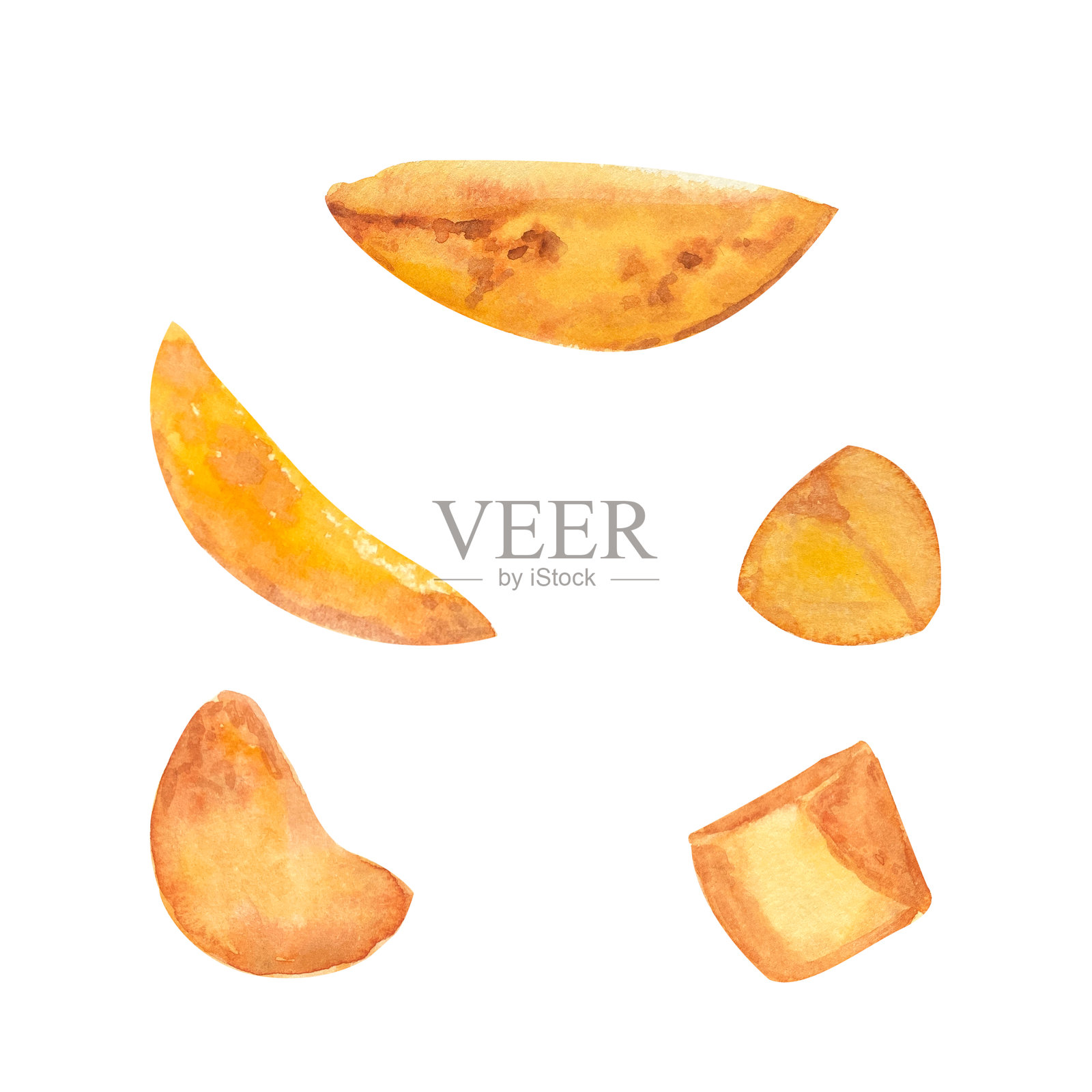 炸土豆片和土豆块的农场风味,蔬菜水彩插图集,背景为白色。插画图片素材