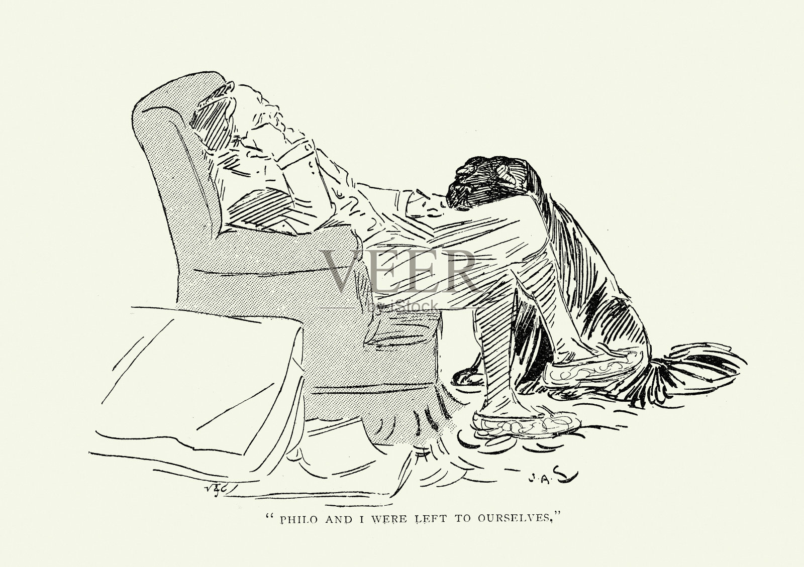 男人坐在扶手椅上放松,忠诚的狗狗把头放在他的膝盖上,维多利亚时代19世纪。插画图片素材