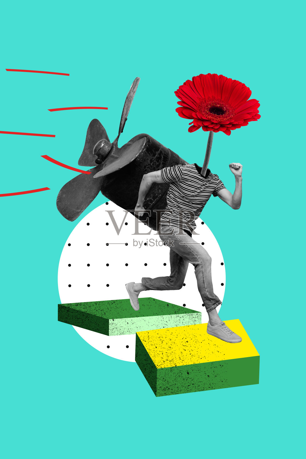 趋势艺术海报复合素描图像拼贴,包含植物春季花卉、年轻男子、机械引擎和摩托艇。照片摄影图片