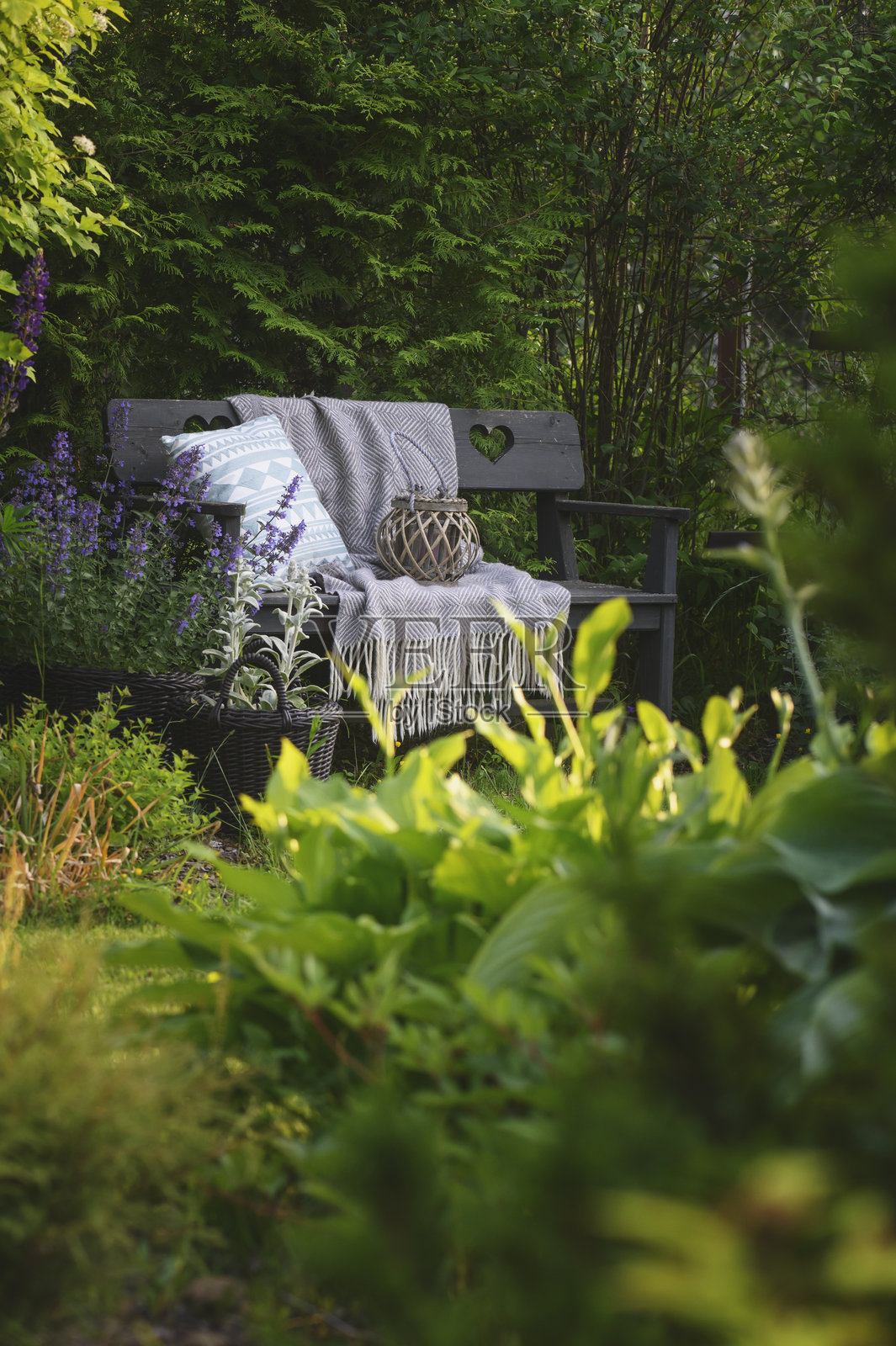 夏季的装饰性小屋花园景观。放松区域配有木长椅、装饰性靠垫、毯子和灯笼。照片摄影图片