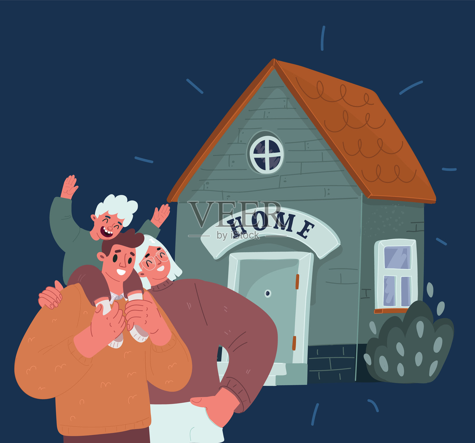 年轻家庭与儿子在房子附近的卡通矢量插图插画图片素材