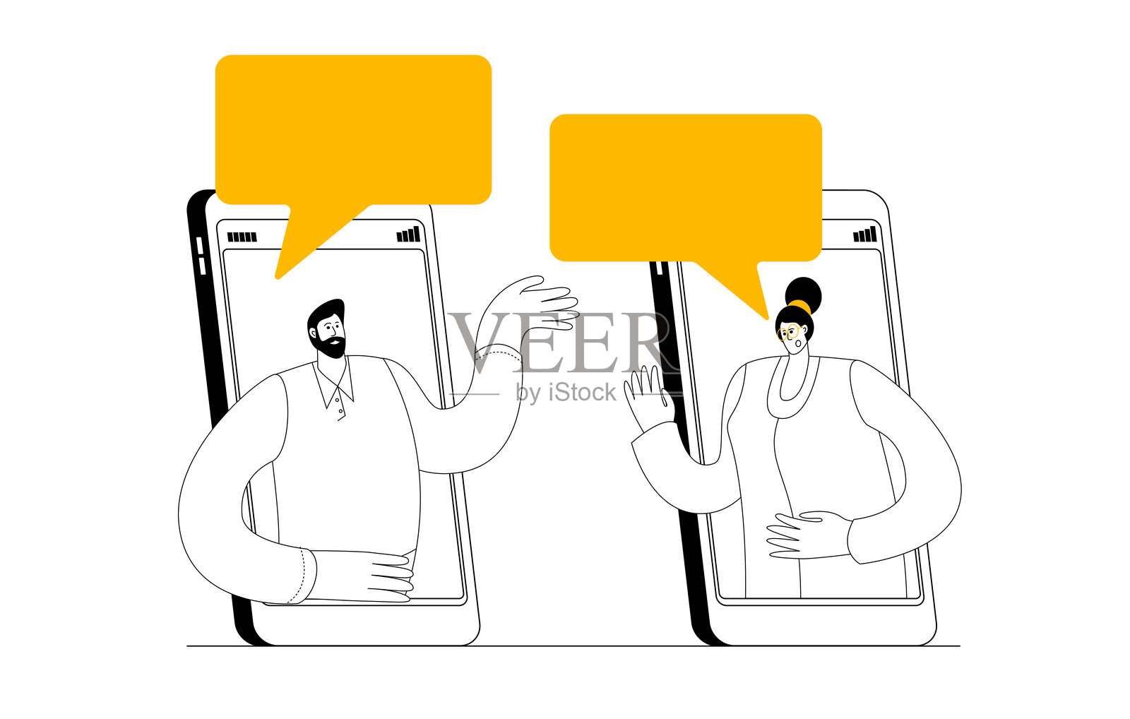 两个人正在通过不同的手机进行对话。插画图片素材