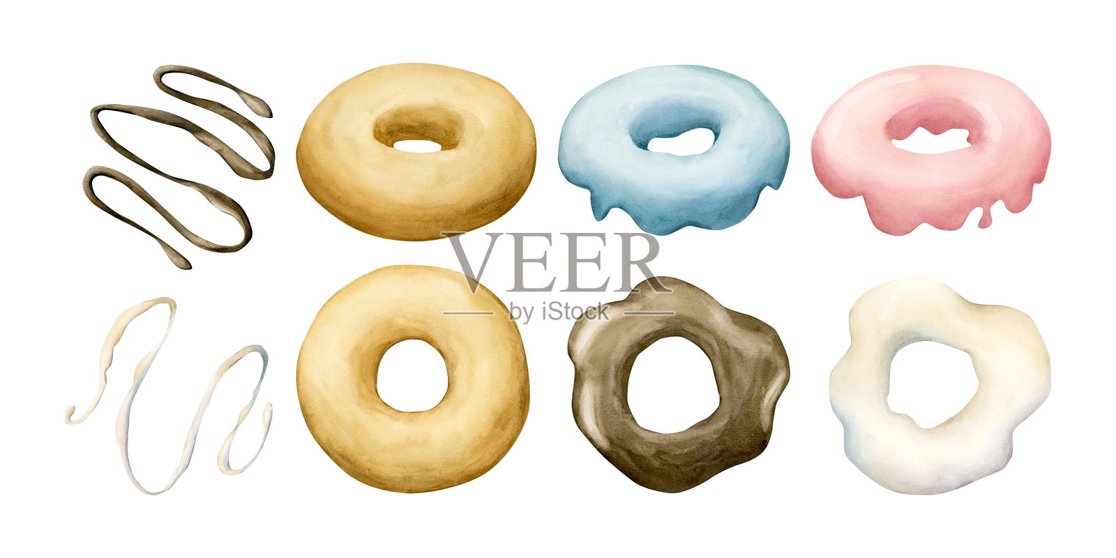 带糖霜的甜甜圈剪贴画套件。白色、蓝色、粉色和巧克力糖霜的甜甜圈设计元素。水彩插图插画图片素材