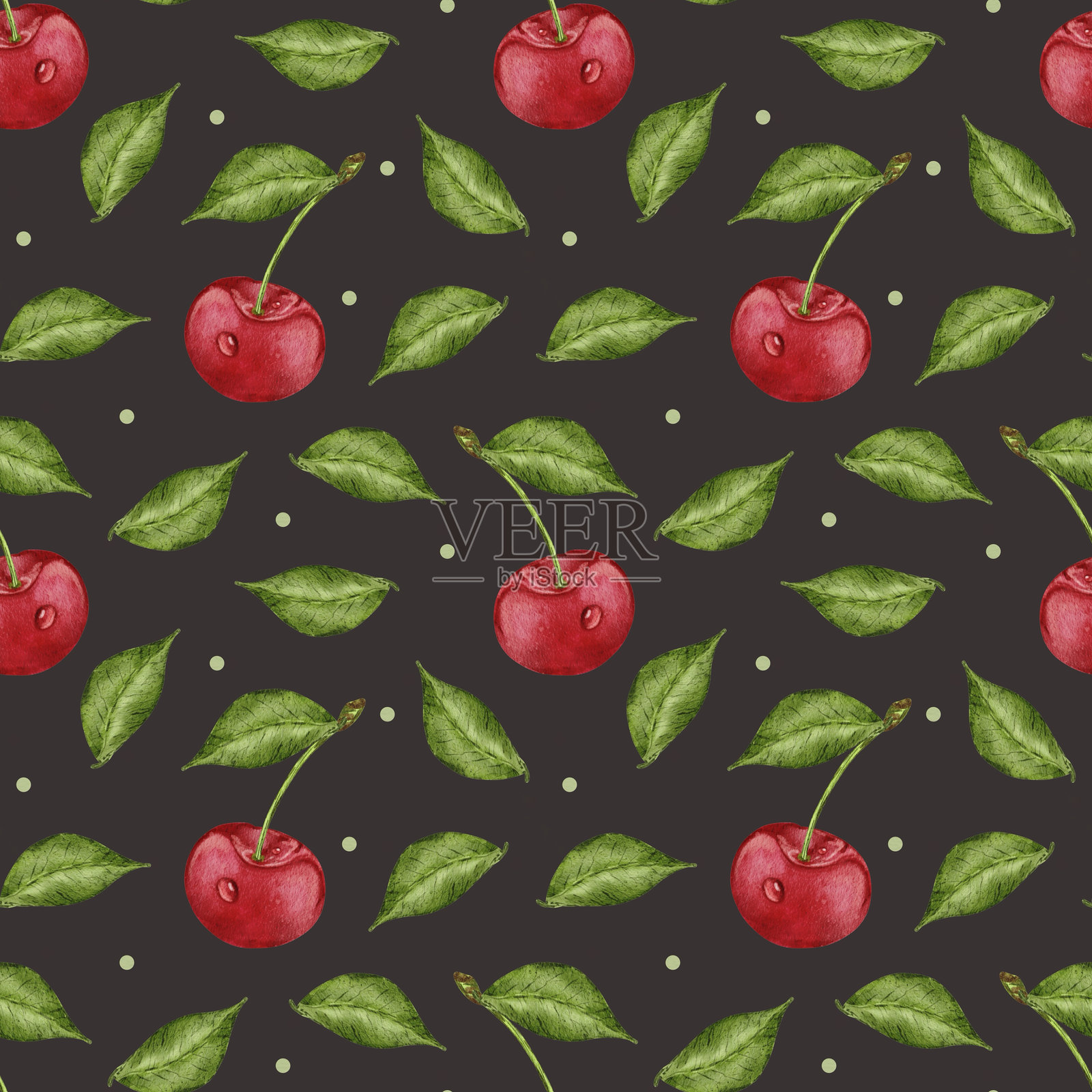 樱桃无缝图案用于面料设计,樱桃壁纸,浆果印花,浆果无缝图案,水彩画插画图片素材