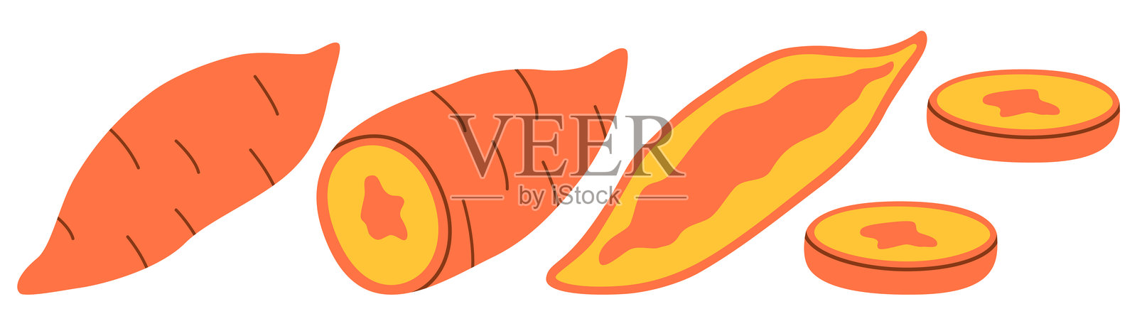 甜薯的平面插图,展示了整根、切半和横截面的视图,适合健康饮食、烹饪项目和以蔬菜为灵感的设计。插画图片素材