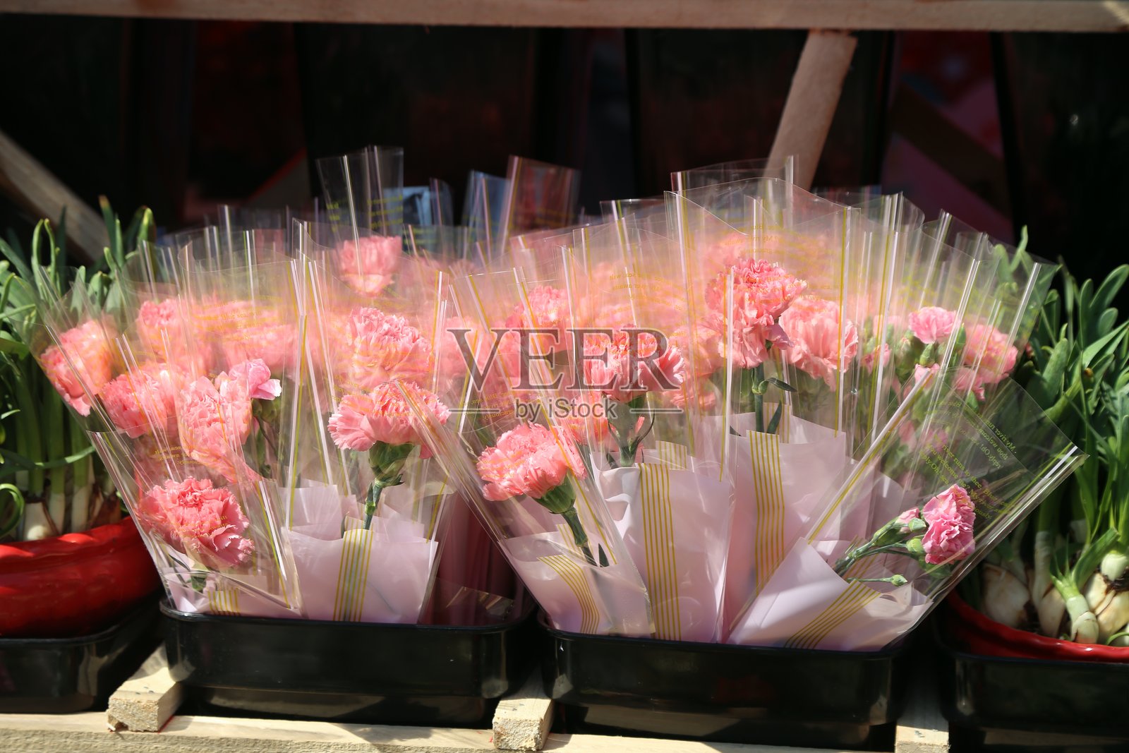 一束粉色康乃馨用透明塑料包裹,系着黄色丝带,放在花市摊位的黑色盒子上。照片摄影图片