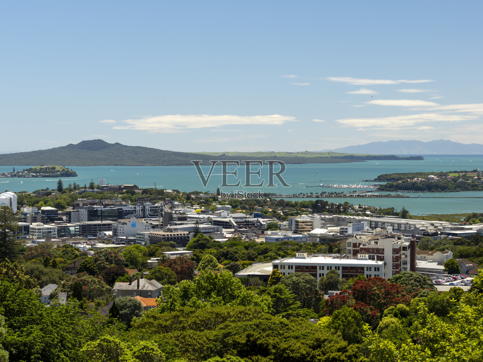 从新西兰奥克兰的伊登山俯瞰中央奥克兰的景色。照片摄影图片