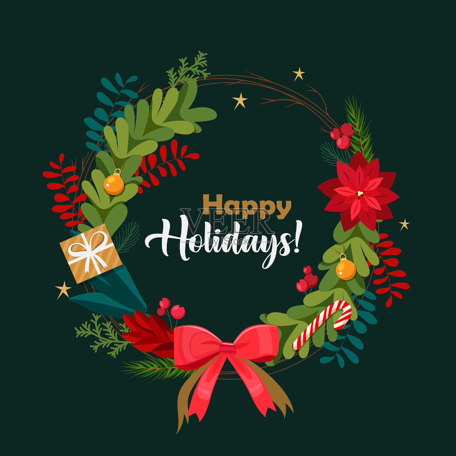 圣诞花环,装饰有不同的树枝、红色浆果、圣诞球和红色蝴蝶结插画图片素材