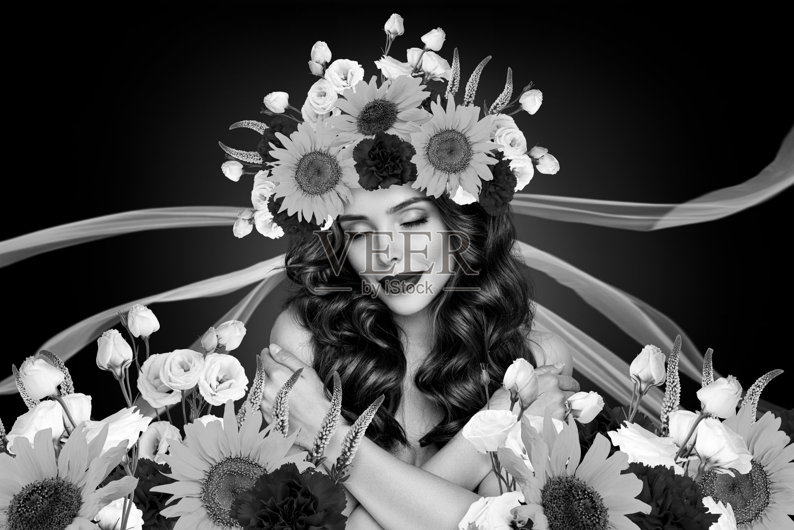 创意花卉拼贴海报,展示可爱的幻想女孩拥抱自然花卉,象征母亲大地的沐浴时光。照片摄影图片