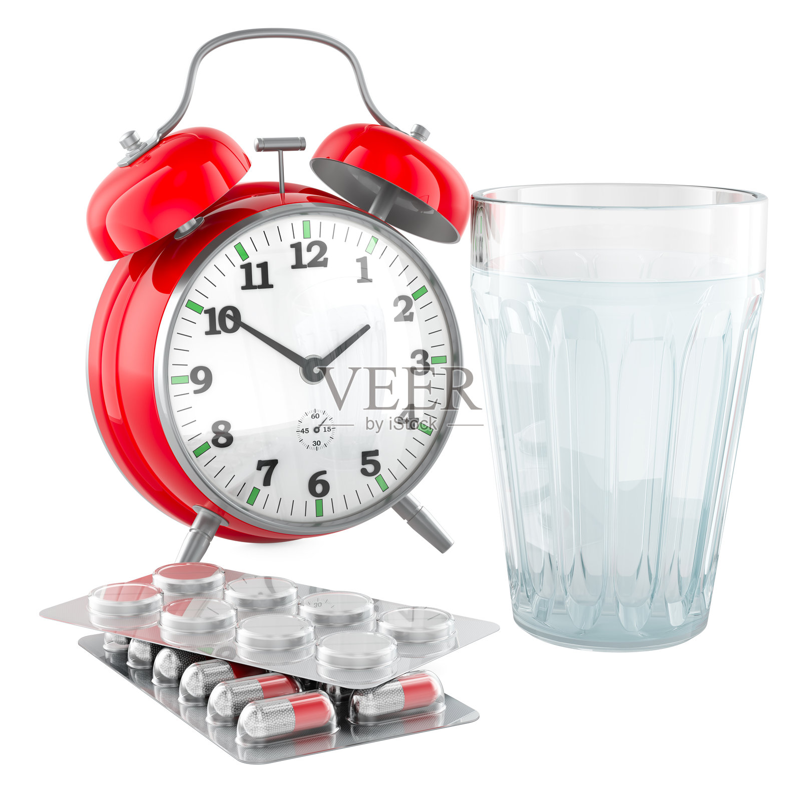 服药时间的概念。药丸与水在玻璃杯中,以及闹钟。3D渲染。照片摄影图片