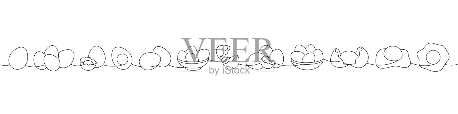 鸡蛋一线连续画。煮鸡蛋、破碎的蛋壳、煎蛋、蛋白和蛋黄。矢量插图插画图片素材