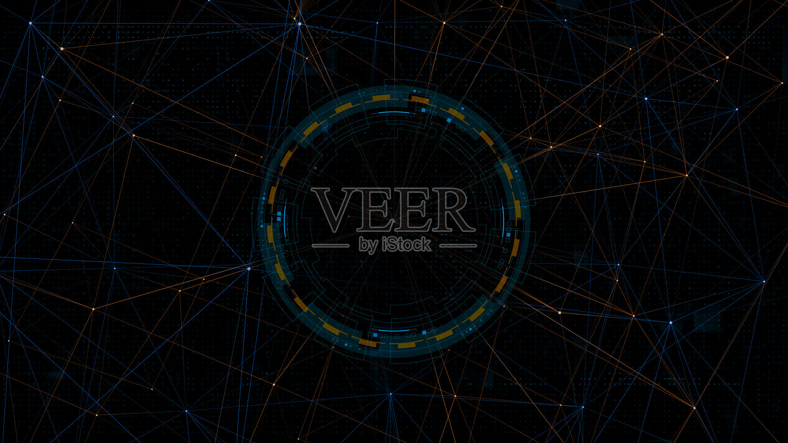 蓝色数字圆形未来感HUD元素与橙色线条连接在抽象背景技术概念上照片摄影图片