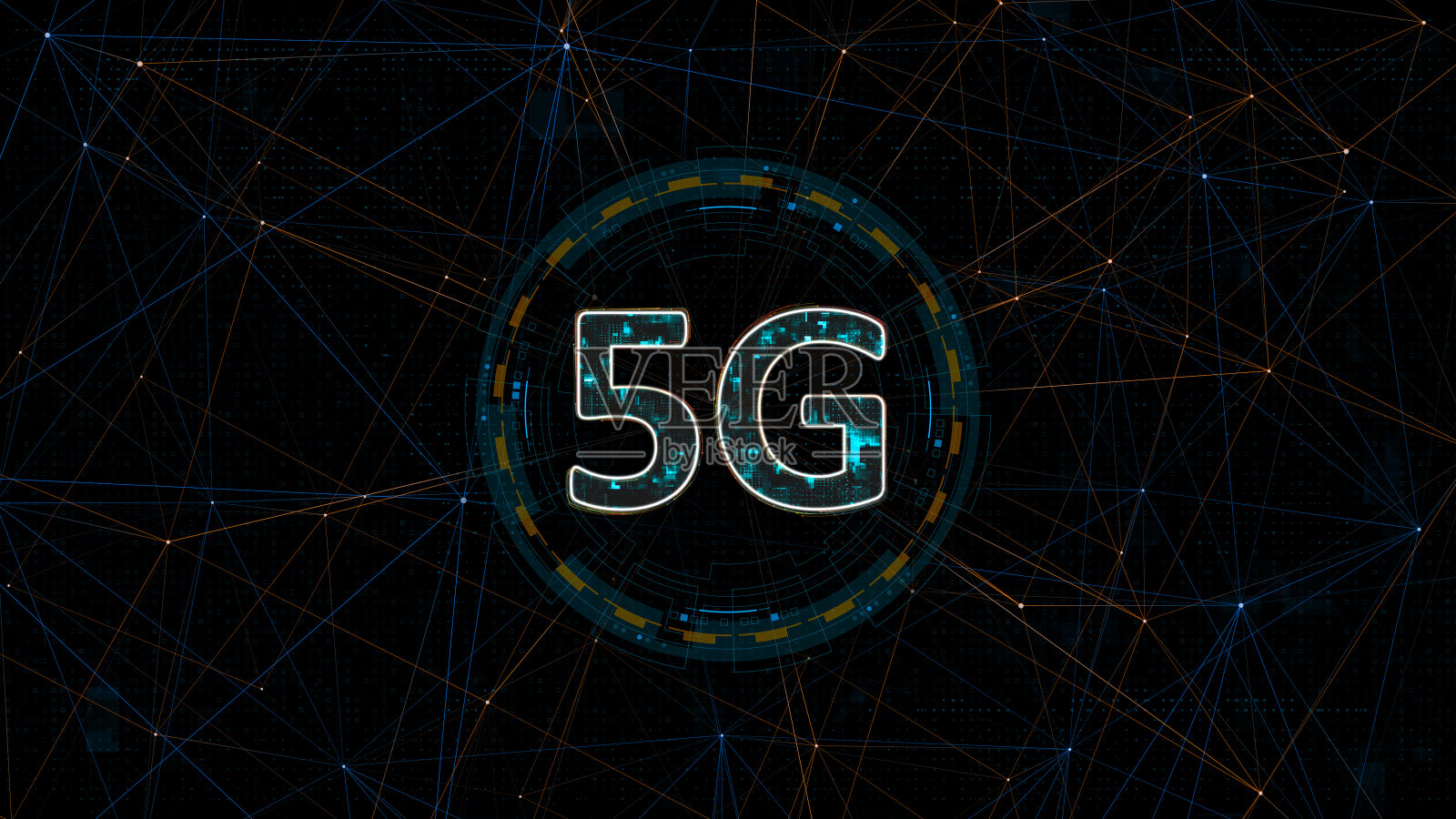 蓝色数字5G字母标志,带有圆形未来派HUD元素和橙色线条连接,展示连接技术概念的抽象背景照片摄影图片