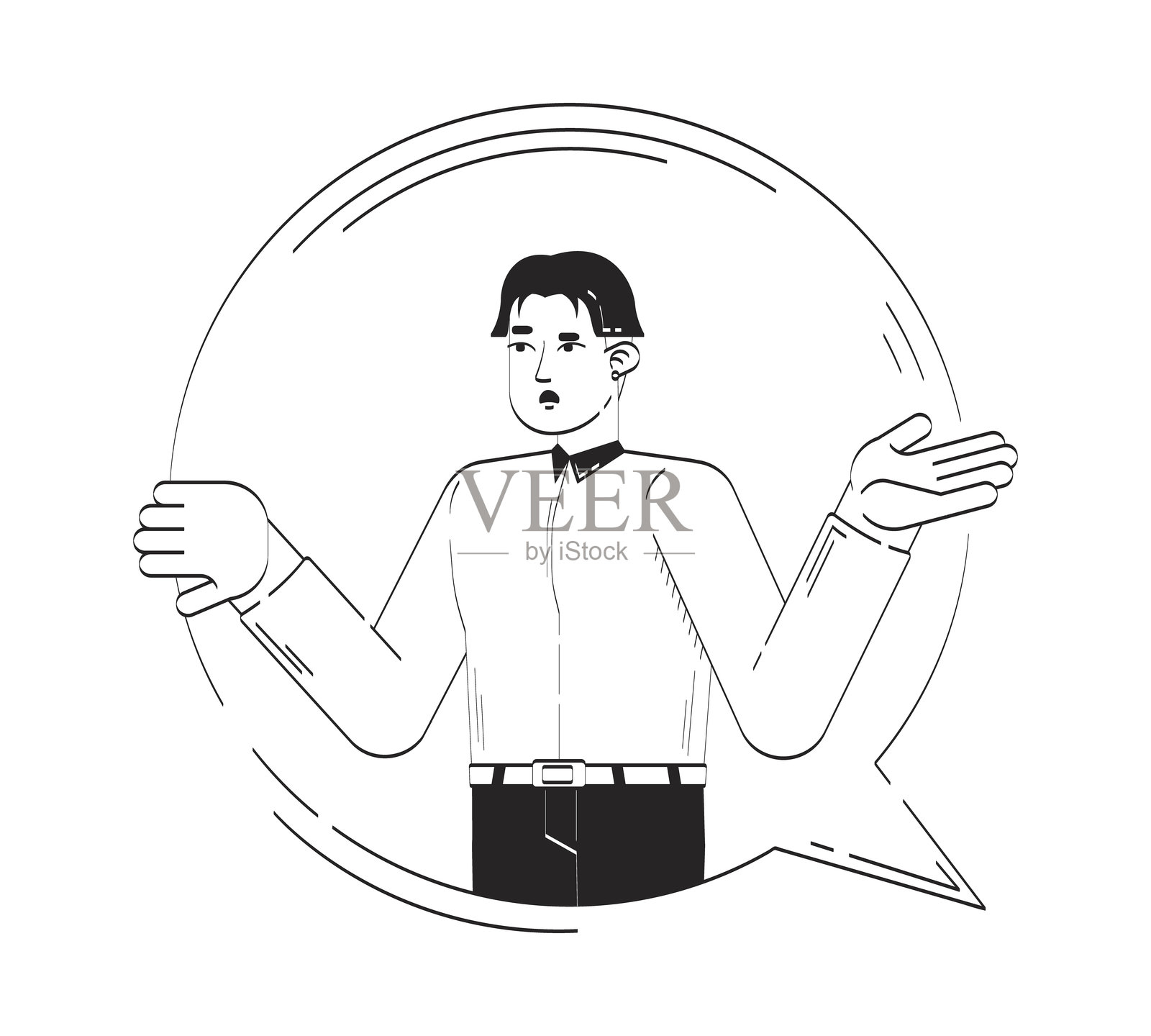 困惑的男人穿着白衬衫,在气泡中做手势的线条人物涂鸦插画图片素材