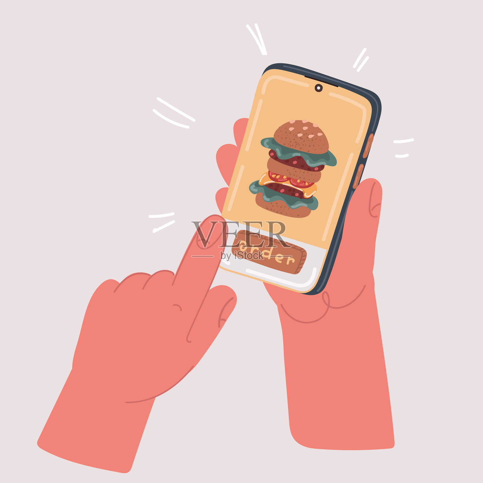 女性手持手机在线购买汉堡的矢量插图插画图片素材