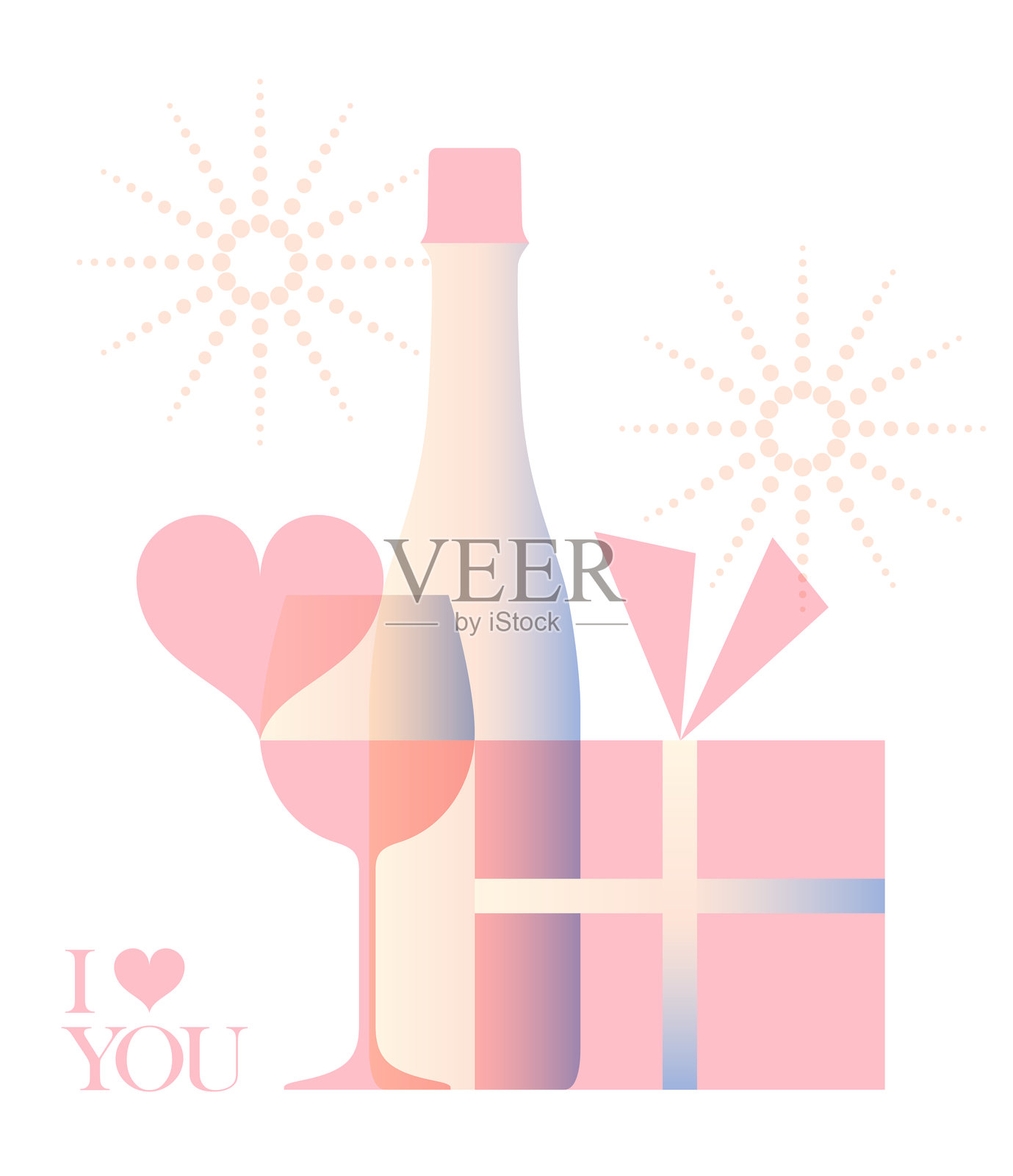 带有粉色心形、礼物、酒瓶和酒杯的情人节和婚礼贺卡,背景为白色。插画图片素材