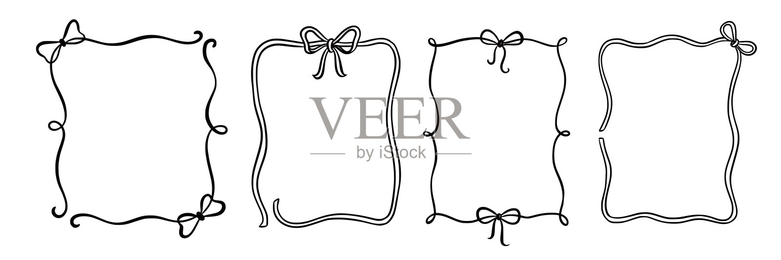 复古手绘蝴蝶结框架边框套装。手绘涂鸦风格线条蝴蝶结框架装饰黑色复古花纹。优雅的涂鸦节日、婚礼丝带边框。矢量图。插画图片素材