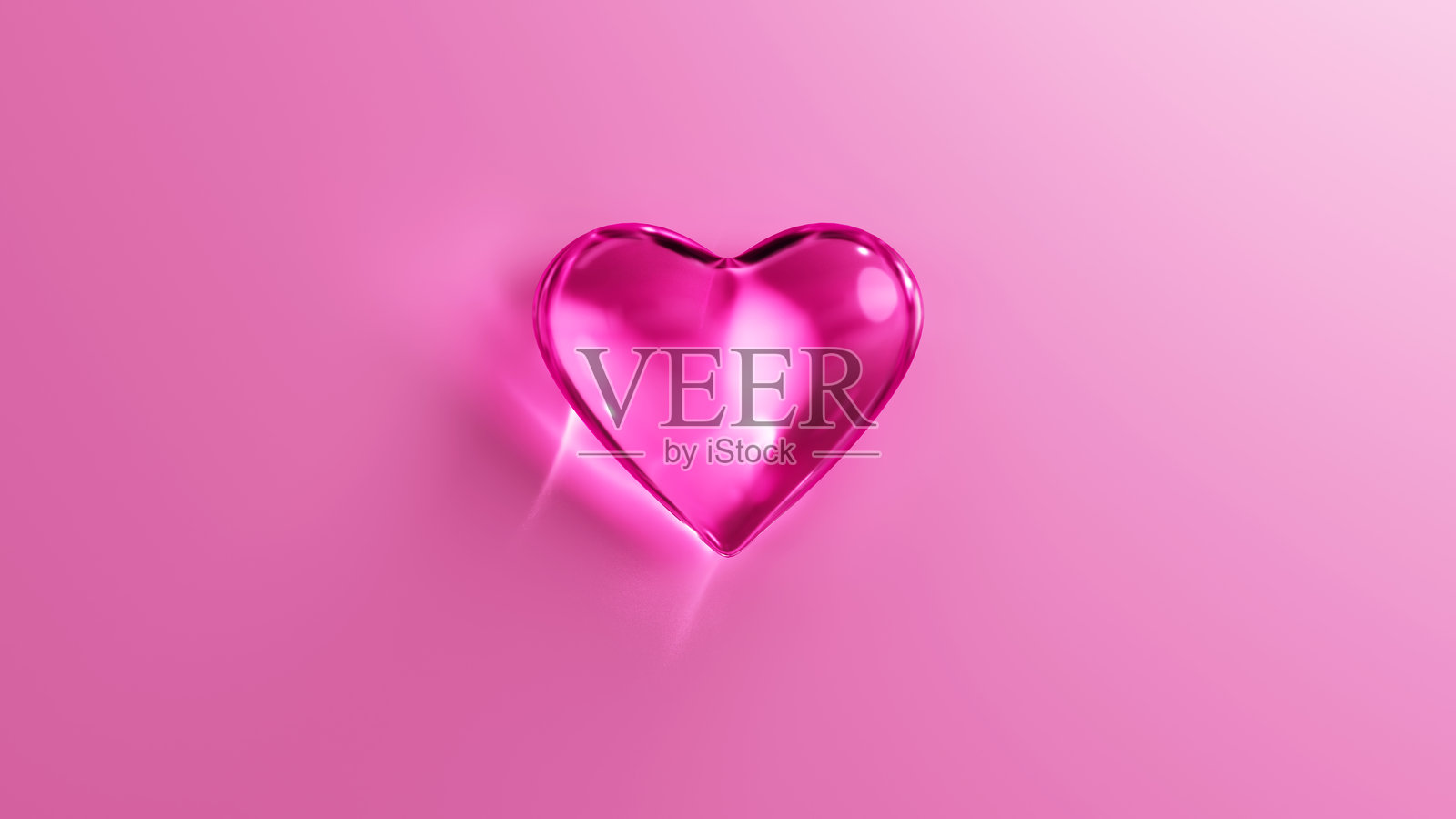 粉色玻璃心形物体置于粉色背景上。情人节浪漫概念。3D渲染插图照片摄影图片
