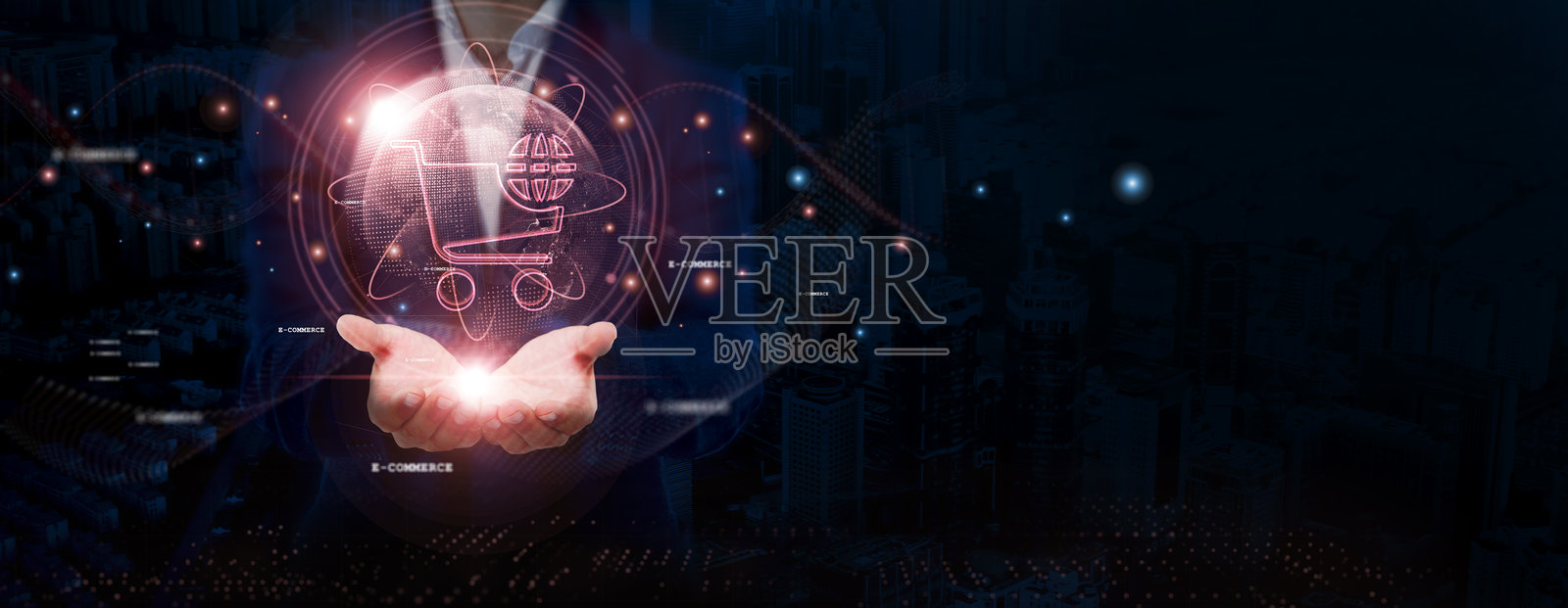 电子商务商人手握全球结构网络,连接电子商务、创新、效率、全球覆盖和社交网络。照片摄影图片