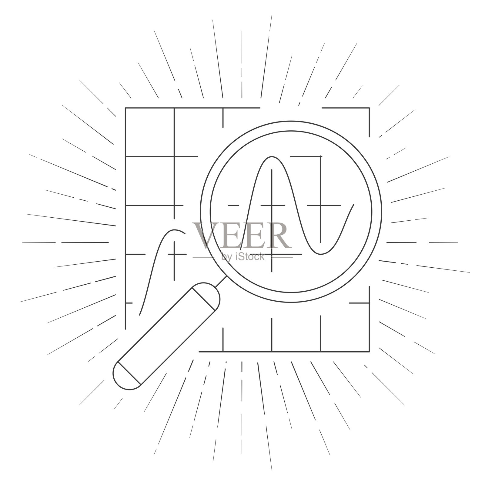 带有图表的放大镜。白色背景上的线条图标和光芒四射的效果。插画图片素材