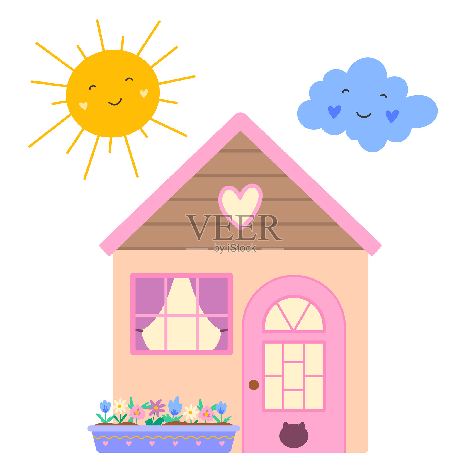 可爱的小房子,花箱,阳光和云朵的平面矢量插图,背景为白色。夏日居家生活概念插画图片素材