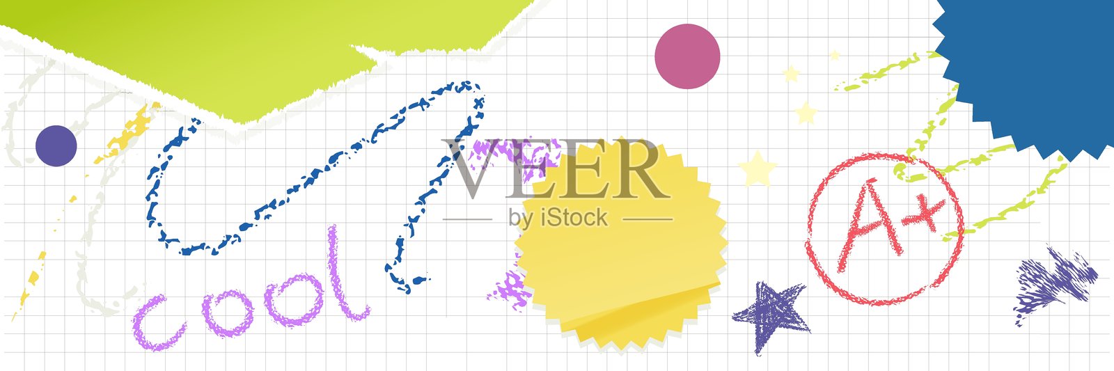 学校横幅拼贴。学习和教育的概念。在笔记本纸上横向长背景,带有贴纸和卷纸,粉笔绘制的抽象图案。适用于网站、海报、横幅的背景。矢量图形。插画图片素材