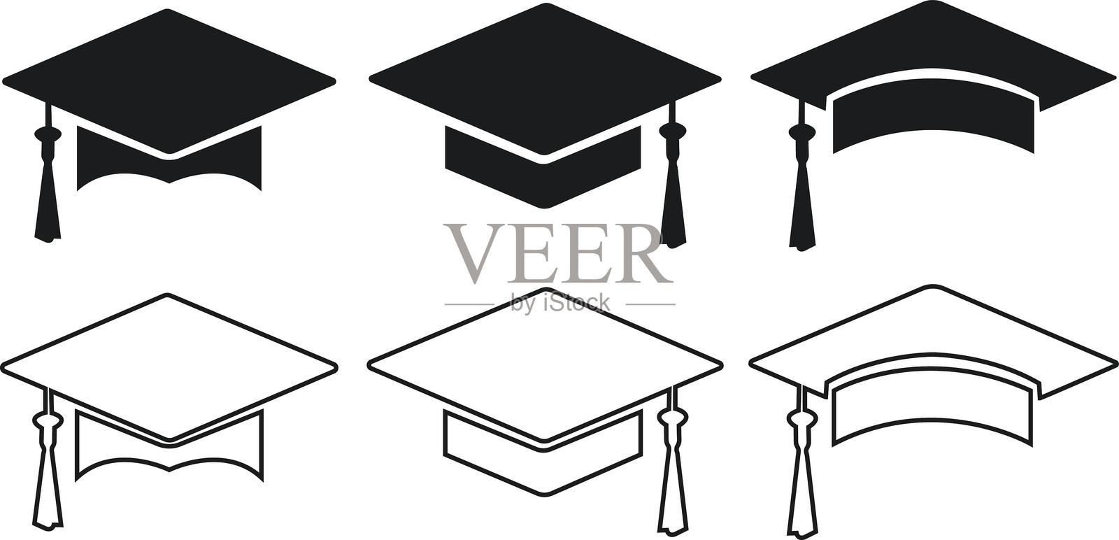 毕业帽图标集。线条和填充版本,学生帽轮廓和填充矢量标志。学术帽线性和完整图标。教育符号,标志。不同风格的图标。插画图片素材