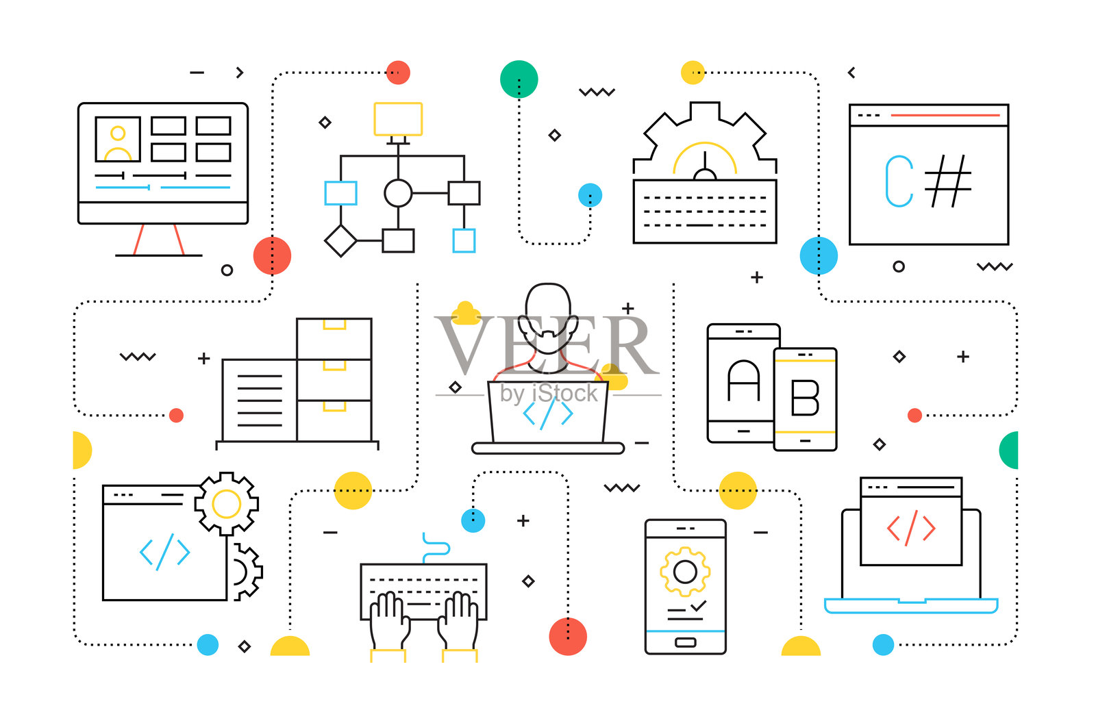 编程相关的矢量插图。编码、开发者、DevOps、计算机软件、连接插画图片素材