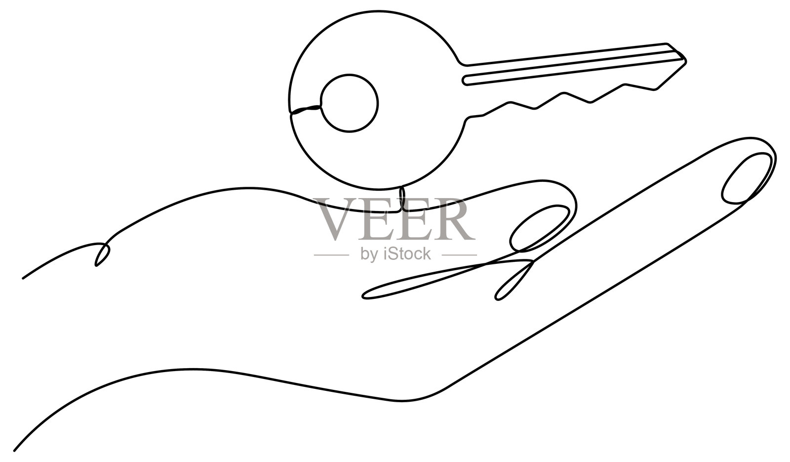 连续线条绘制的手握钥匙。插画图片素材