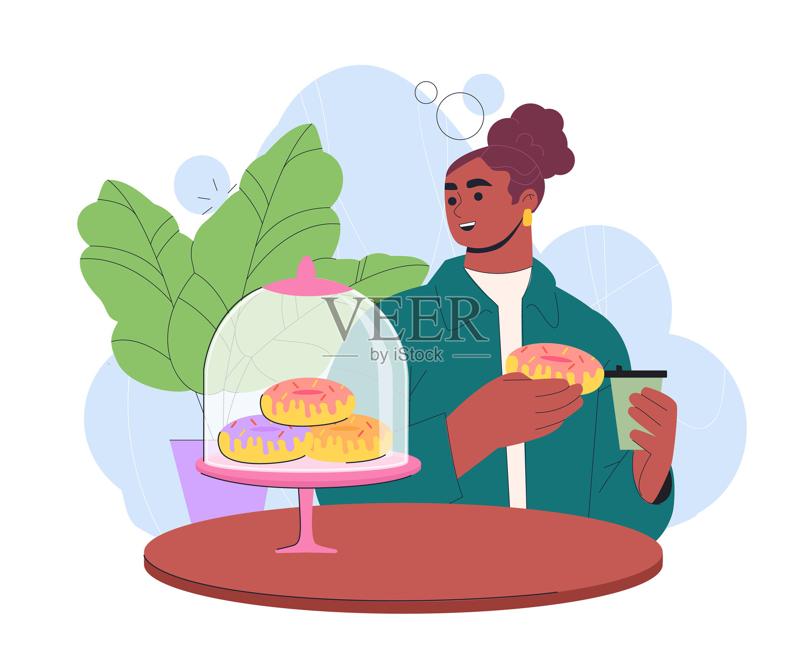 女人在吃甜甜圈。年轻女孩与糕点和烘焙产品。粉色和橙色糖霜的甜甜圈。甜点和美味佳肴。美味的甜点小吃。扁平矢量插图。插画图片素材