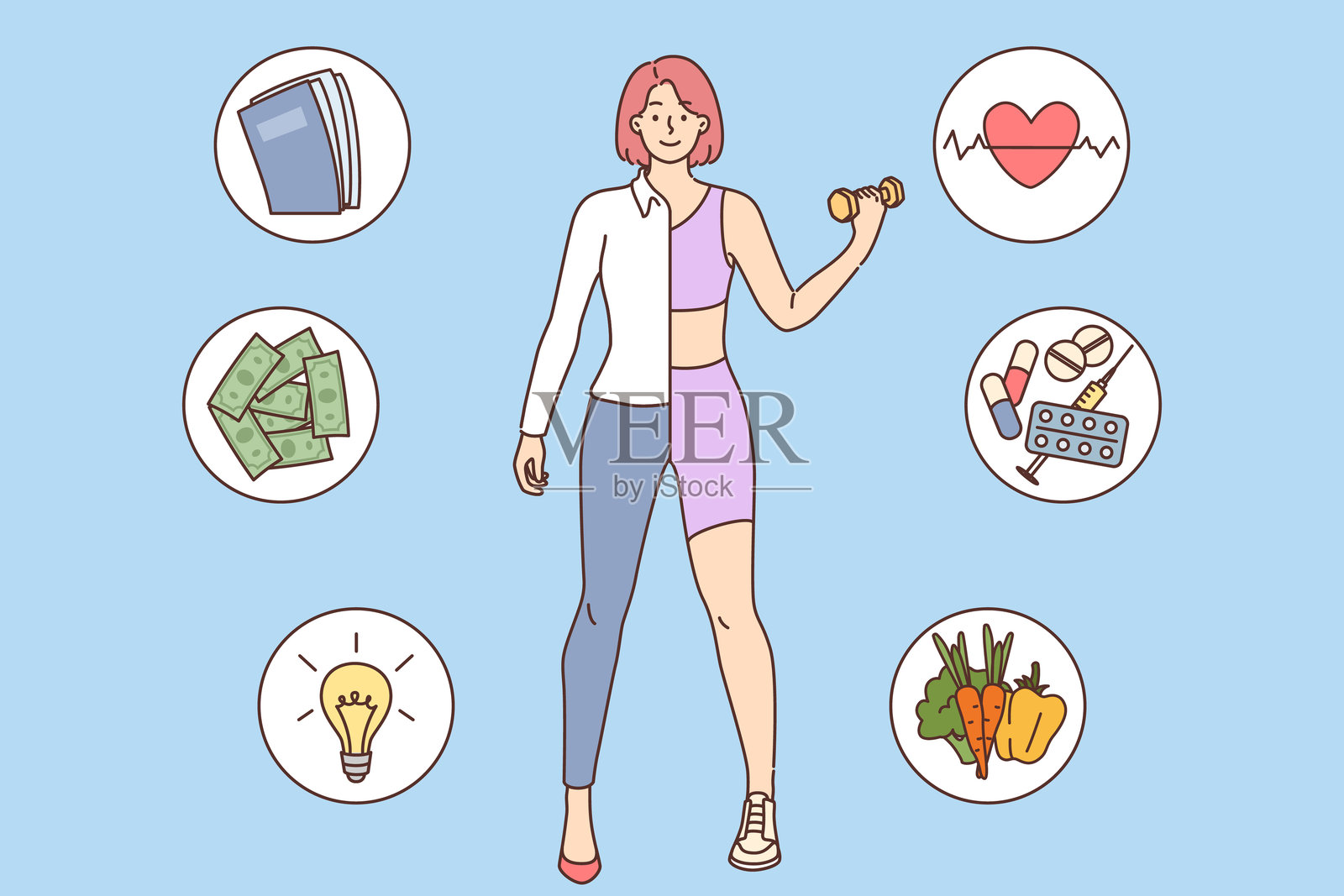 成功女性通过健康的生活方式和职业成就保持生活平衡插画图片素材