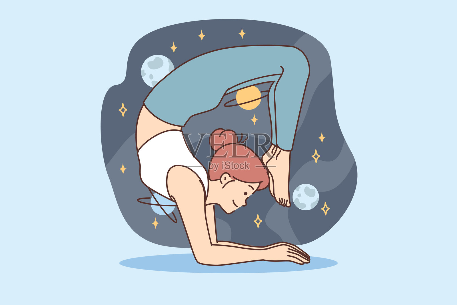 女性练习瑜伽和普拉提,摆出困难的姿势,想象着星星和行星满布的宇宙。插画图片素材