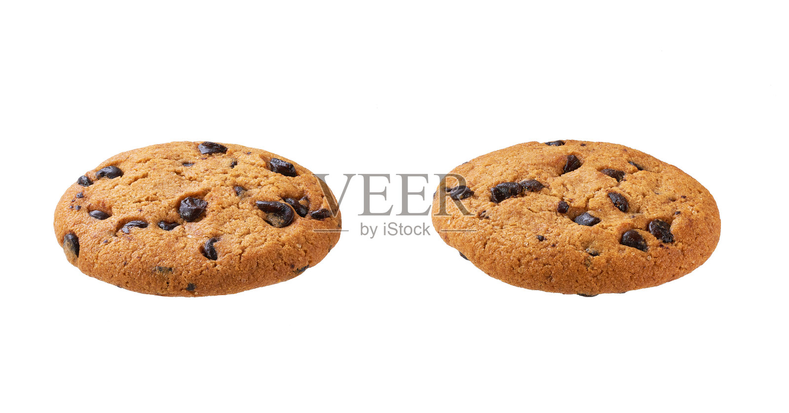 巧克力曲奇饼干。白色背景上的圆形巧克力曲奇饼干。照片摄影图片