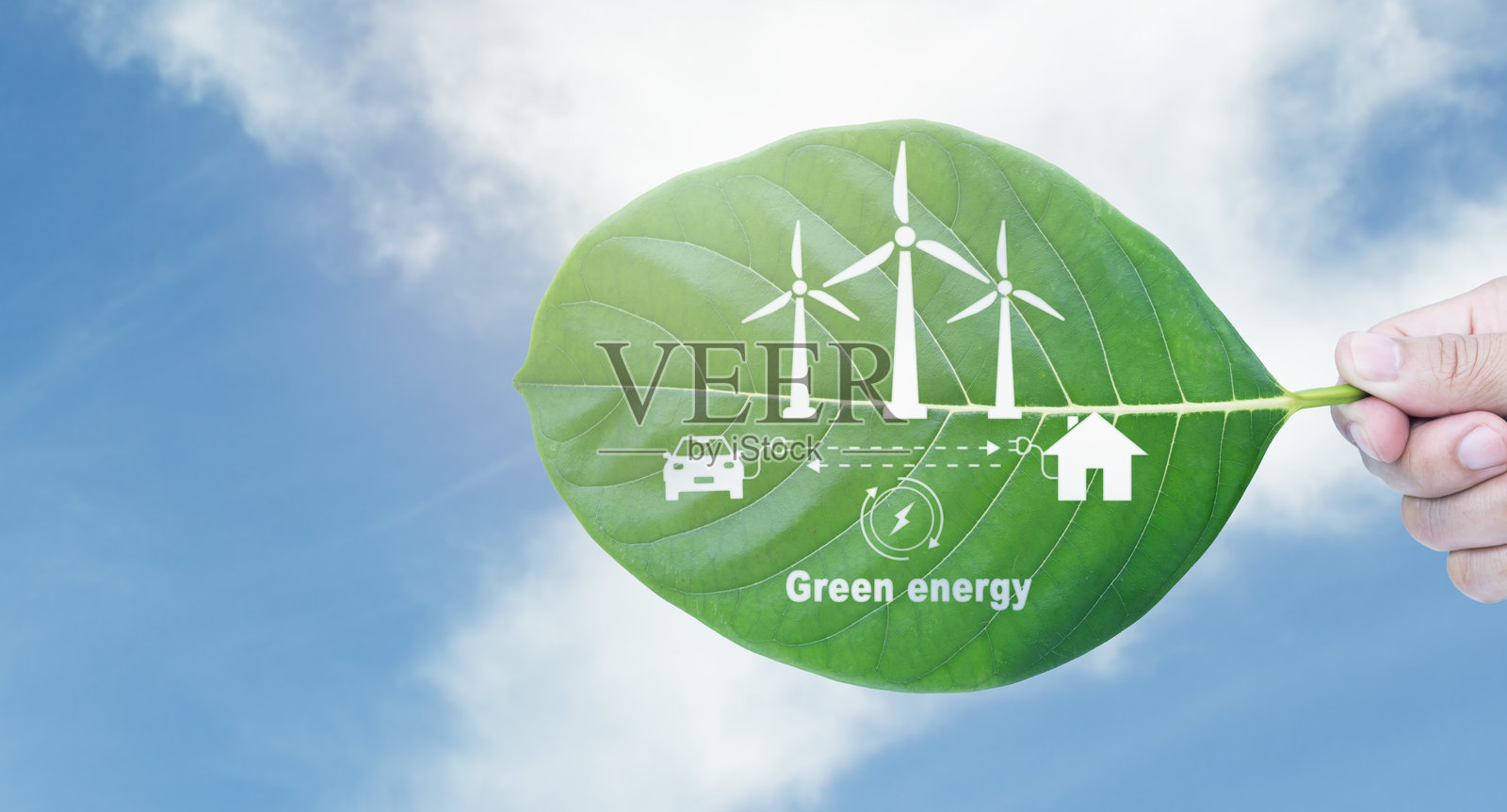 绿色能源概念。人们手持绿色叶子,代表风能在工厂、机器、家庭和电动汽车技术中的应用,以促进可再生能源和可持续环境发展。照片摄影图片