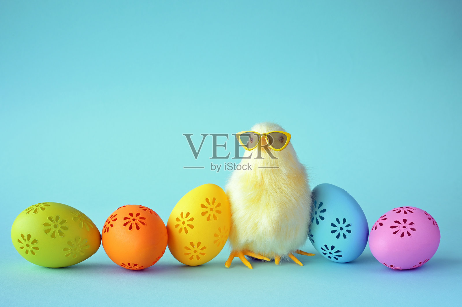 一个带有酷炫小鸡的复活节装饰。复活节假期概念。照片摄影图片