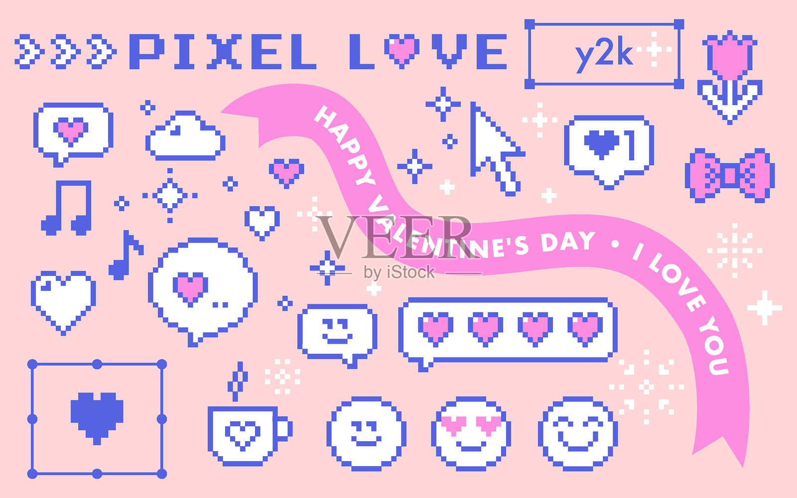 情人节Y2K像素元素套装。可爱的复古爱情设计插画图片素材