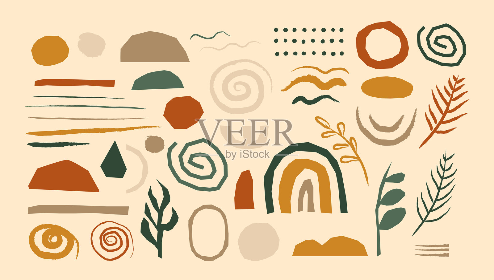 奇幻简单现代抽象形状集合,带有涂鸦几何形态和自然元素插画图片素材