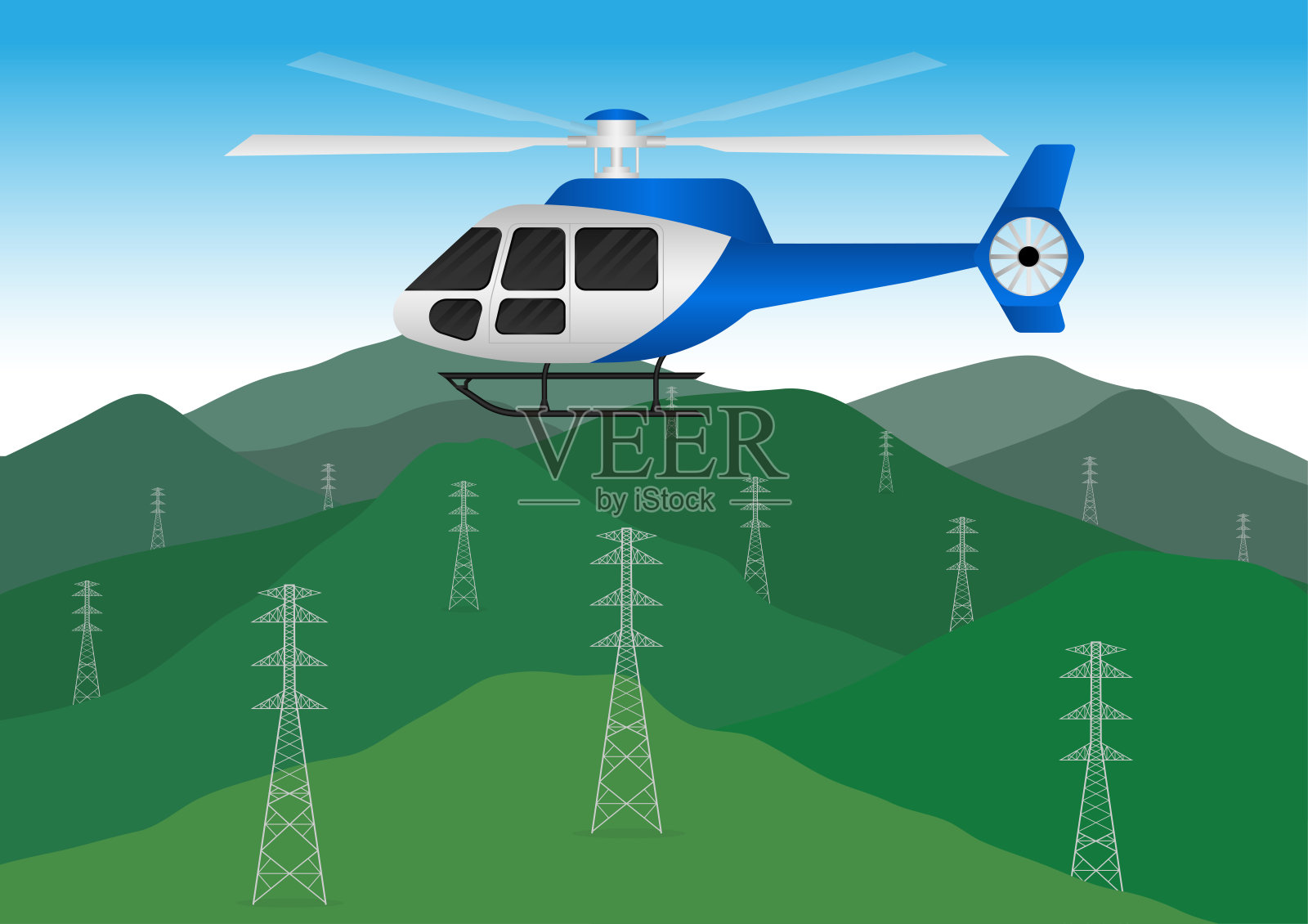 直升机。直升机飞越山脉。插画图片素材