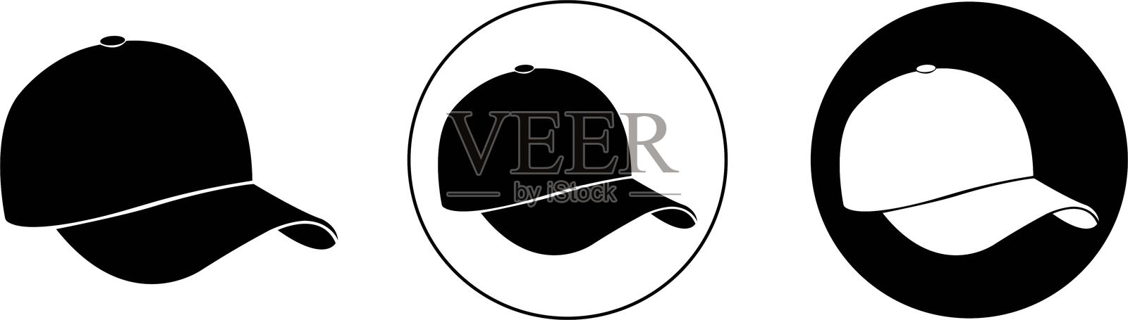 时尚平面风格的帽子图标集合,休闲纺织风格配饰。适用于网页、移动端和信息图表的棒球帽素描图标。手绘棒球帽矢量图,透明背景下独立展示。插画图片素材