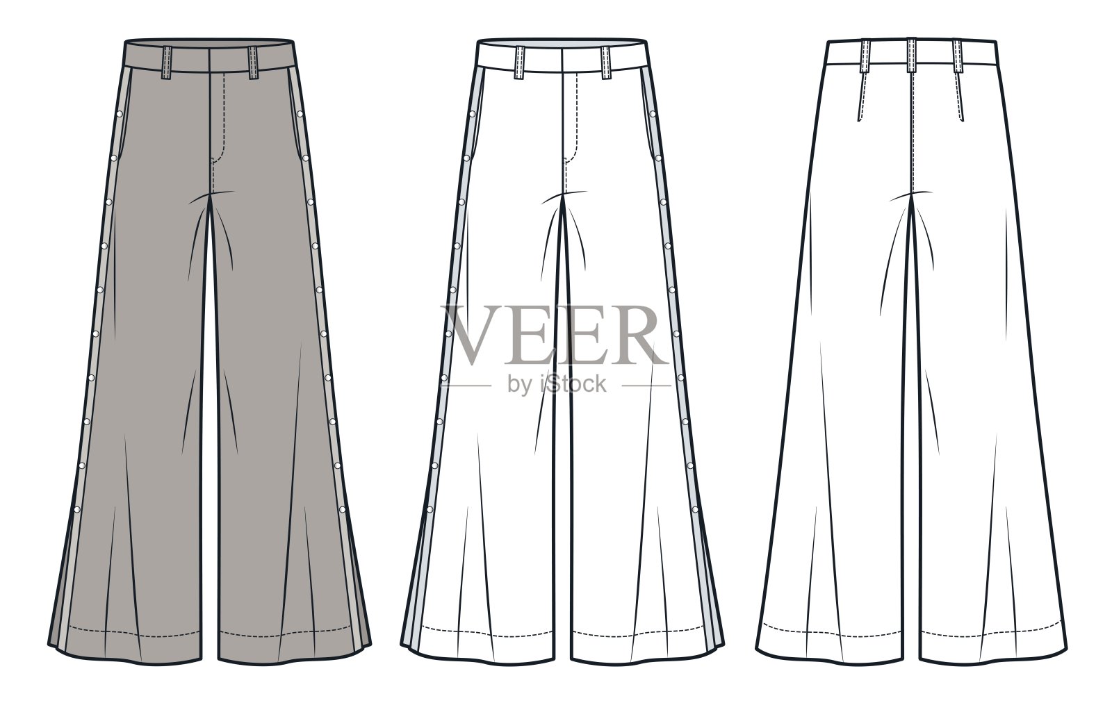 宽腿喇叭裤,侧边扣子细节,时尚平面技术图纸模板。经典裤子技术时尚插图,口袋,正面和背面视图,白色,米色,男女通用CAD模型套件。插画图片素材