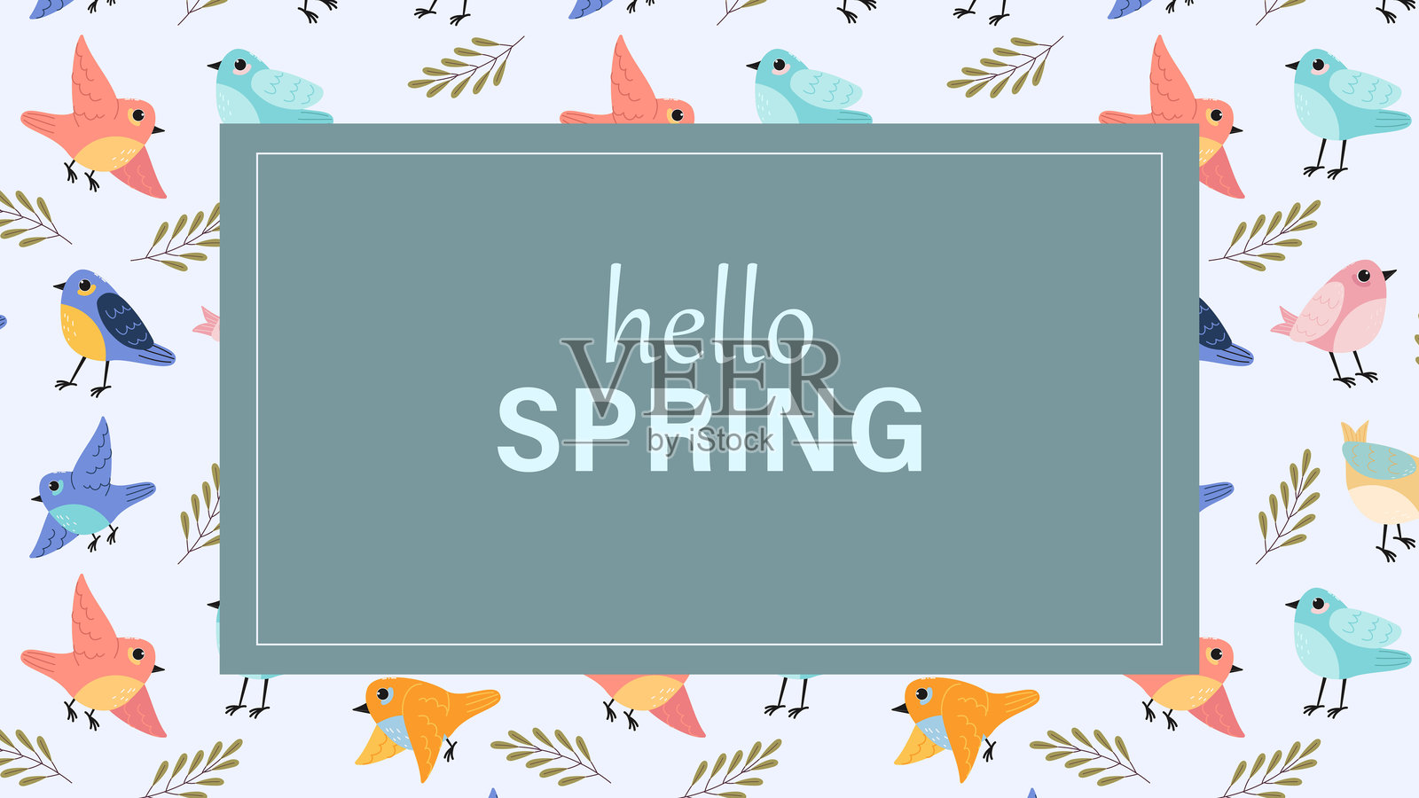 春天问候卡邀请函,带有鸟儿。手绘花卉春季插图。插画图片素材