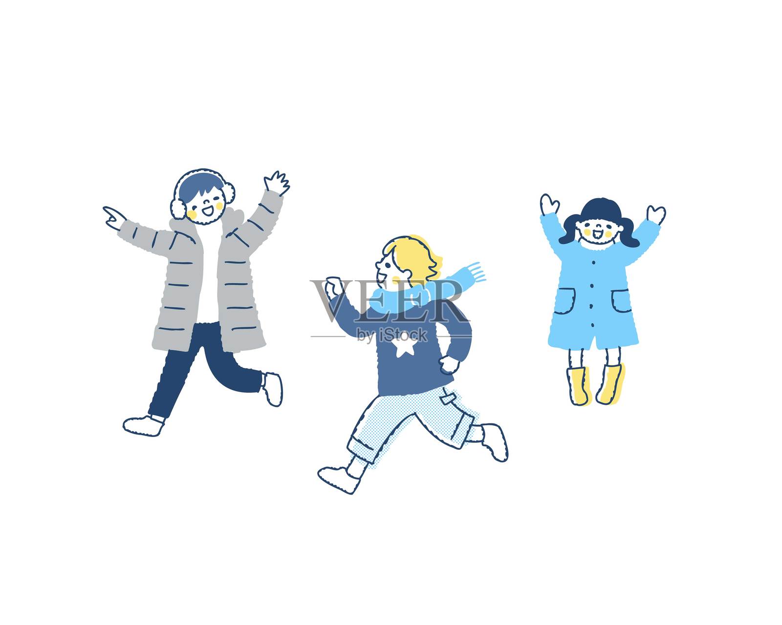 穿着冬季衣物的孩子们快乐地玩耍插画图片素材