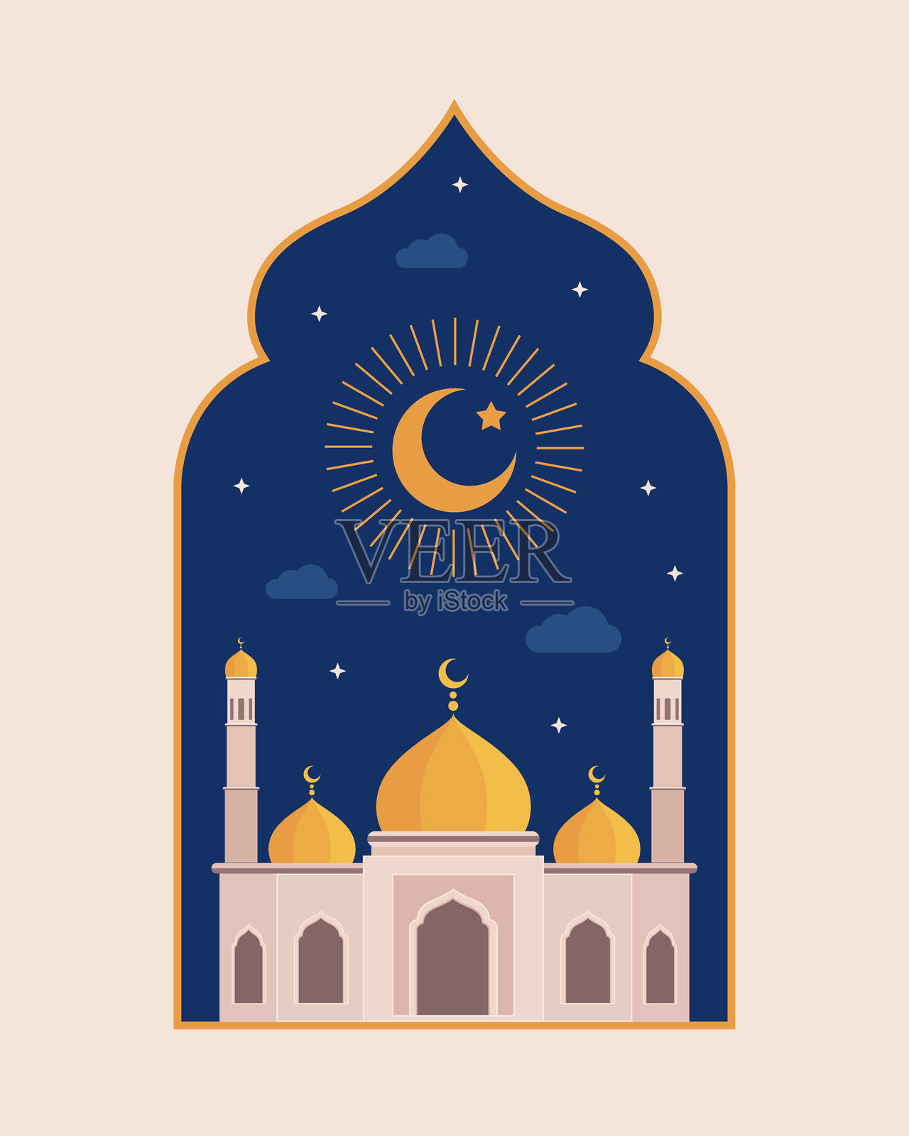 拉马丹快乐卡片横幅,伊斯兰拱门、窗户、月亮、清真寺和灯笼,极简风格插画图片素材