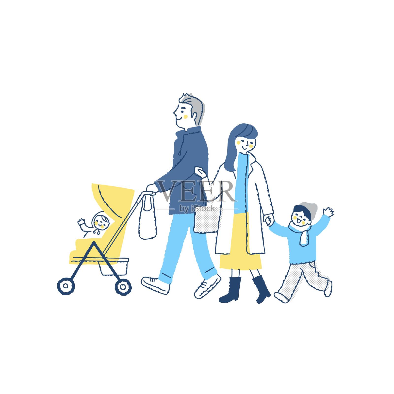 一家四口穿着冬装,面带微笑地散步插画图片素材