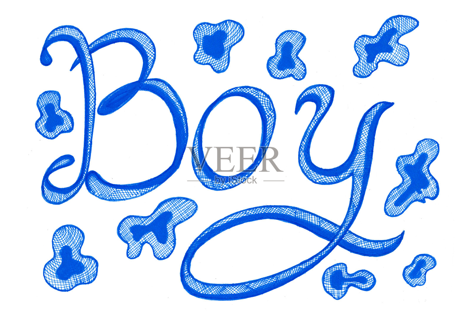 白色背景上蓝色的“男孩”字样,周围有蓝色装饰。插画图片素材