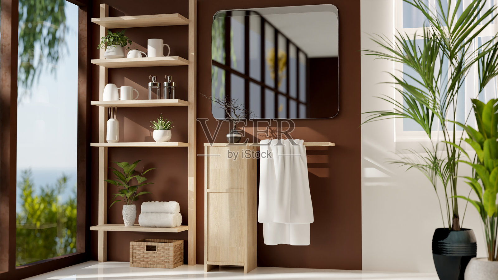 一个现代的棕色浴室,墙上挂着一面镜子,配有木质架子和装饰品。照片摄影图片