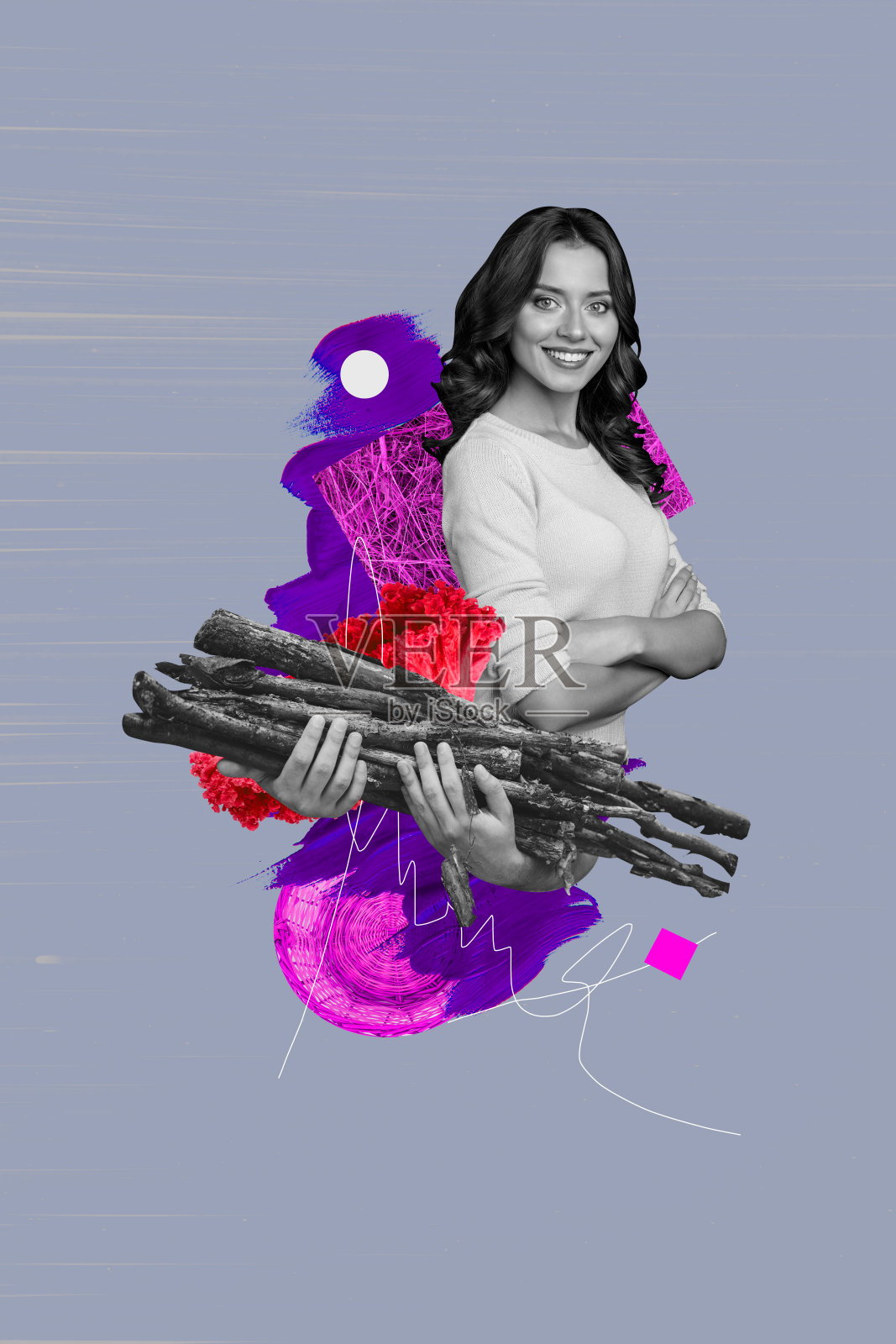 年轻微笑女孩在户外环境中收集木棍,手中拿着创意的垂直照片拼贴,背景是绘画风景。照片摄影图片