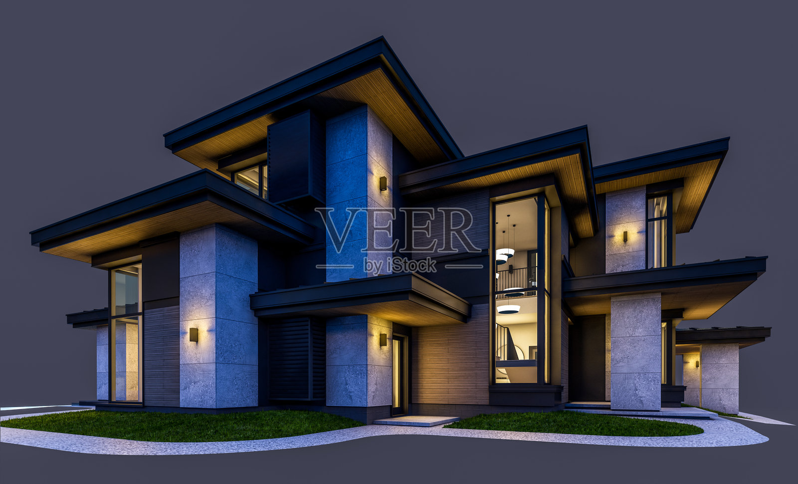 现代两层房屋的3D渲染,灰色和木质装饰,夜间孤立于黑色背景上照片摄影图片