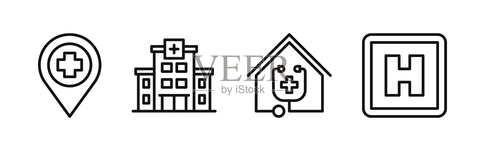 医院建筑、诊所、居家护理和医院位置图标,孤立在白色背景上。矢量插图。插画图片素材