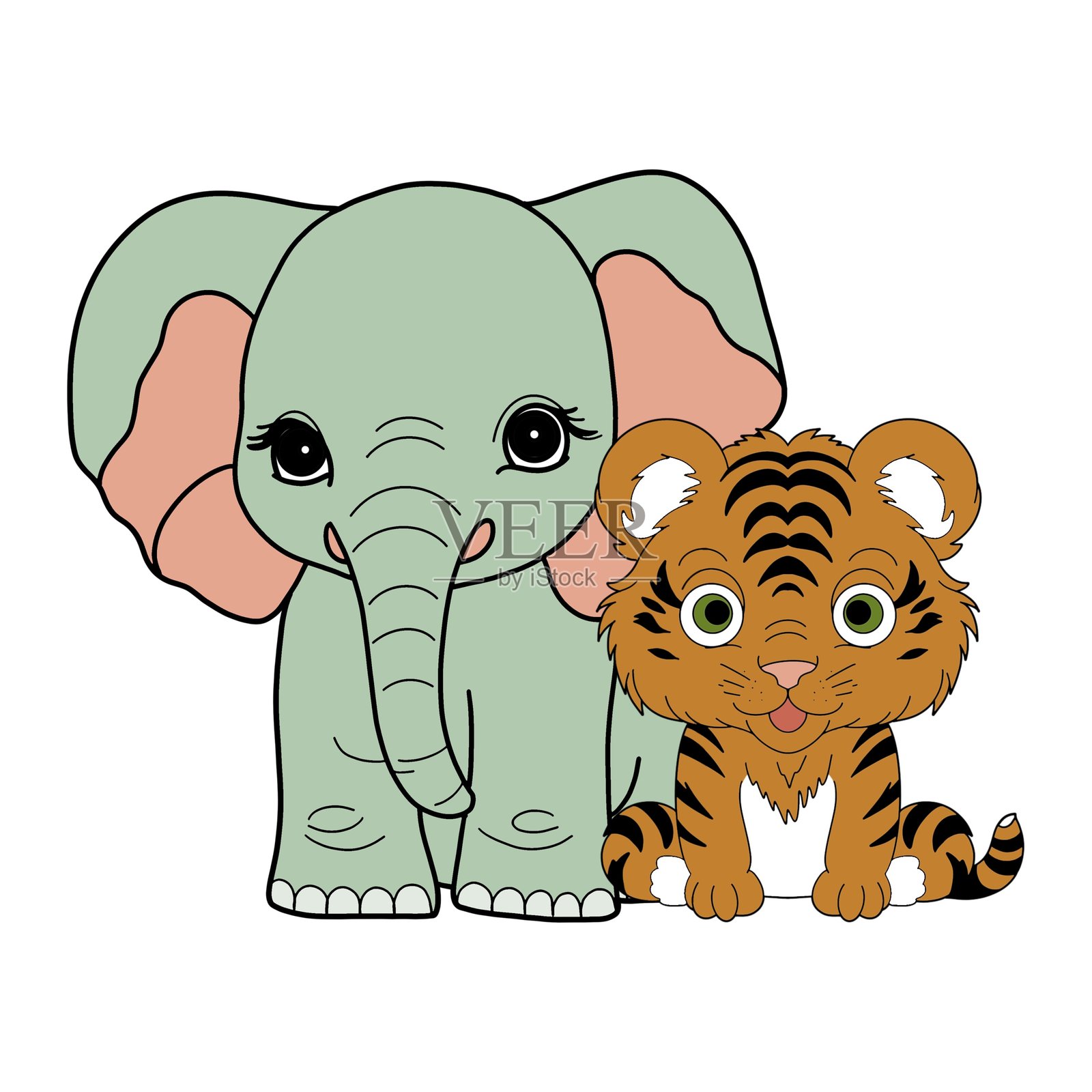 白色背景上的手绘数字插图,特写的象和老虎插画图片素材